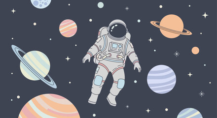 An astronaut floats in outer space surrounded by colorful planets and stars in a vibrant digital illustration © Simon