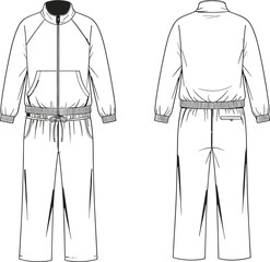 Mens Full Tracksuit Technical Sketch, Flat Vector Illustration of Zip Up Jacket and Joggers Set, Sportswear Apparel Design Template, Front Back View © Mdjoshel 