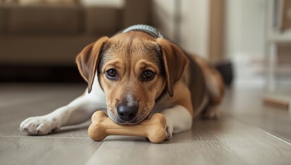 Adorable puppy chewing a bone on the ground indoors