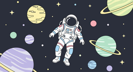 Astronaut floating in outer space surrounded by planets and stars from a distant viewpoint © Simon