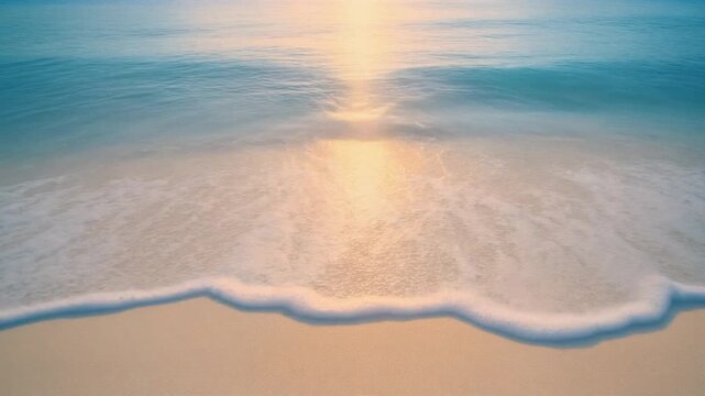 早朝の美しいビーチで透き通った波が砂浜を洗う癒やしの風景と太陽光の反射の背景素材