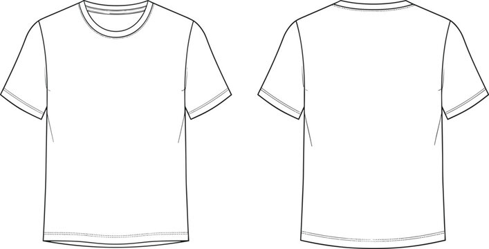 Mens T-shirt Technical Sketch Flat Vector Illustration of Casual Crew Neck Short Sleeve Tee Shirt Apparel Design Template Front Back View