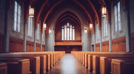 Grand interior of an elegant church with wooden pews, soaring arches, and stained glass windows creating a serene and peaceful atmosphere for reflection