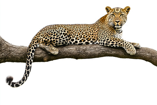 Wild Jaguar Resting On A Tree Branch Isolated On A White Background