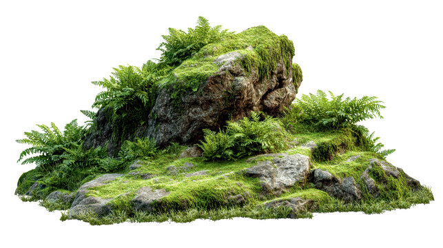 Ancient mossy rock formation with lush green ferns and vibrant vegetation growing on stones, a natural landscape element with transparent background