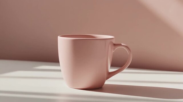明るい部屋の白いテーブルの上でゆっくりと回転するミニマルなパステルピンクのコーヒーマグカップ