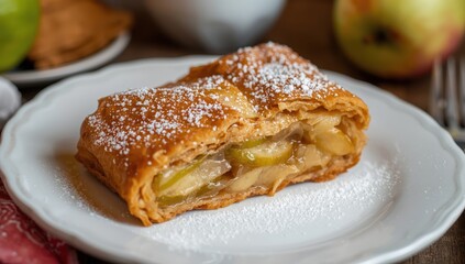 Apple strudel on a white plate. A popular European dessert