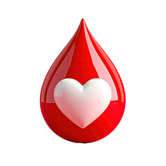 3D Render Glossy red droplet with white heart set against a solid black backdrop