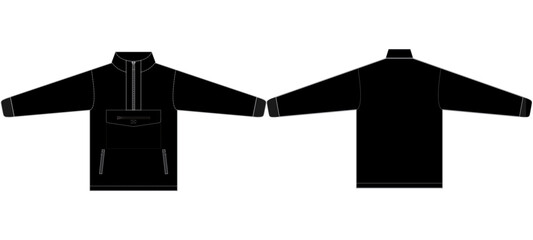 Black Half Zip Pullover Jacket Front and Back View Technical Vector Mockup © Toor graphic