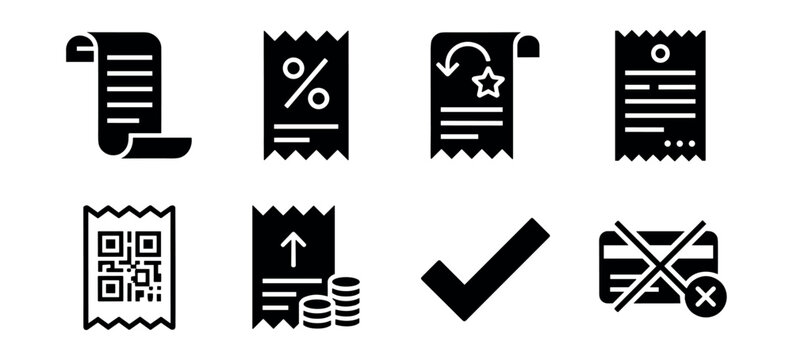 Receipts and Transactions Black and White Icons Set