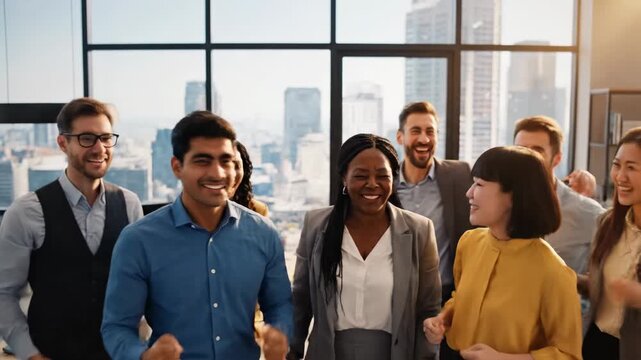 Diverse group of ecstatic professionals celebrating success in a modern office setting with panoramic city views during the day
