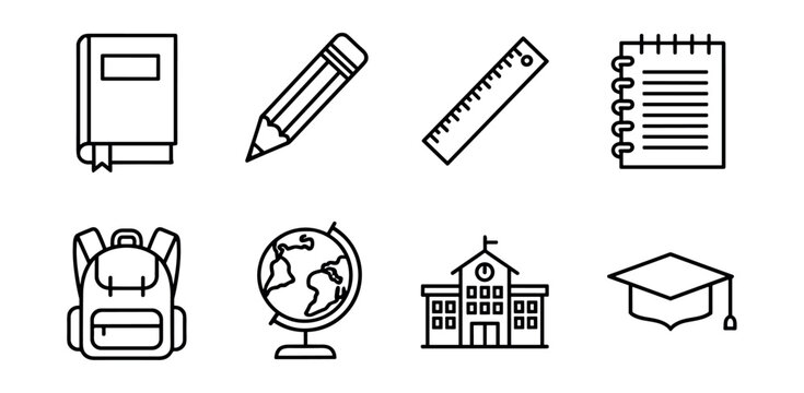 Education black and white line icons set