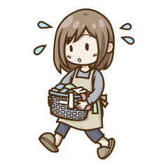 山積みの洗濯物を抱えて慌てる忙しい主婦のイラスト（家事・ワンオペ） © SeiTsun