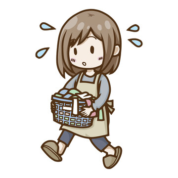 山積みの洗濯物を抱えて慌てる忙しい主婦のイラスト（家事・ワンオペ）