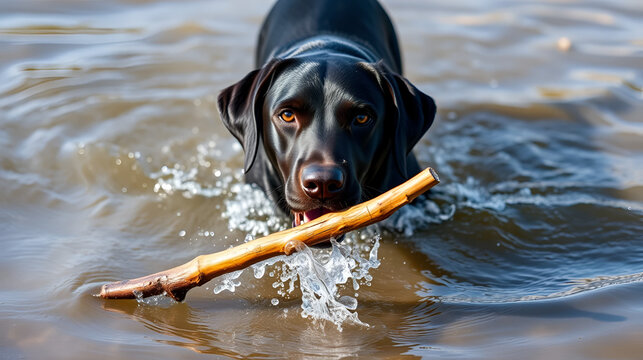 Head shot of a black Labrador fetching a stick from the water