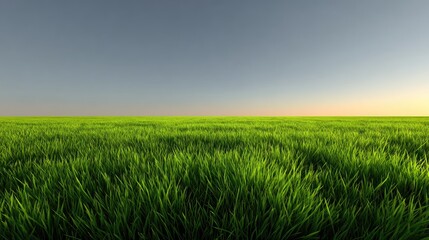Obraz premium Lush Green Grass Field with Horizon at Sunset under Clear Sky in Peaceful Landscape for Nature and Outdoor Themes