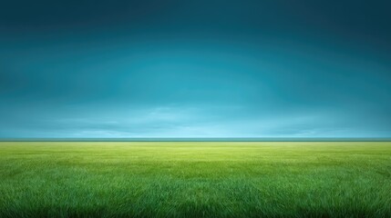 Fototapeta premium Expansive Field of Lush Green Grass Under a Cloudy Blue Sky At Dusk Capturing the Tranquility of Nature in a Serene Landscape Setting