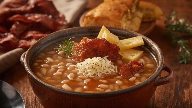 Bean stew accompanied by crispy pork, cheese, toast, and pepper