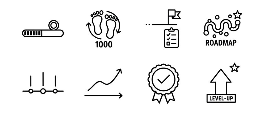 Progress and achievement line icons set