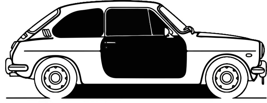 A black and white line drawing of a vintage two-door hatchback car