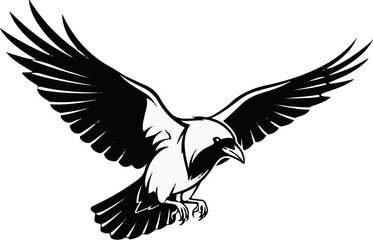 Obraz premium A black and white stylized illustration of a crow in mid-flight with wings spread