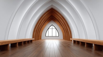 Modern Architectural Interior with Wooden Arches and Minimalist Design in Bright Space Featuring Wooden Benches and Large Window