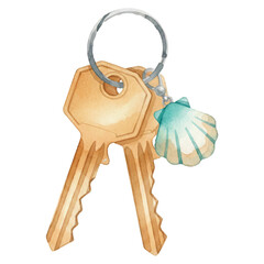 Summer House Keys Watercolor Illustration with Beach Charms Isolated on White Background
