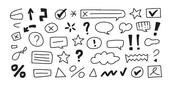 Minimalist hand drawn scribbles and symbols for interface design featuring stars and boxes and speech bubbles