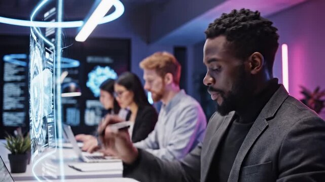 Focused Black Man Interacts With Futuristic Holographic Display In Modern Office With Team Behind