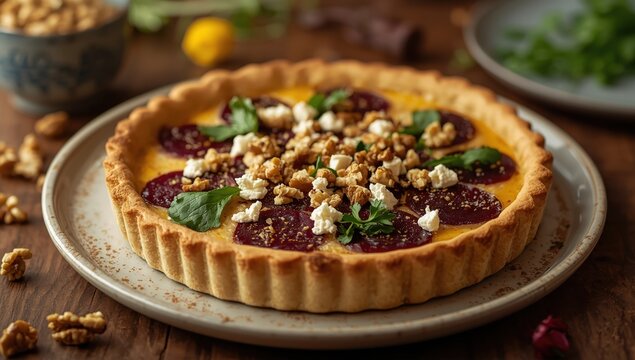 Beetroot, walnut, and goat cheese quiche