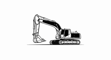 A black and white illustration of a large excavator with a long boom and bucket
