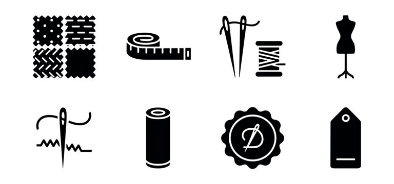 Sewing and tailoring black icons set