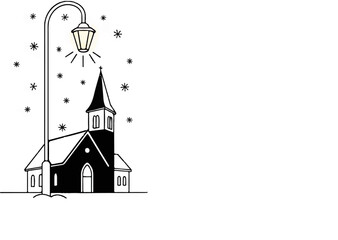 Fototapeta premium A charming black and white illustration of a church at night during a snowfall
