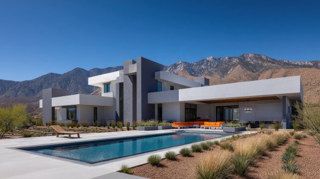 Modern architectural design of a luxurious home with mountain views, swimming pool, and landscaped garden in a sunny outdoor setting