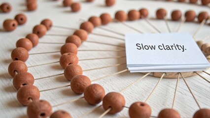 Wooden beads arranged in a spiral pattern with a card featuring the words "Slow clarity" in an artistic composition