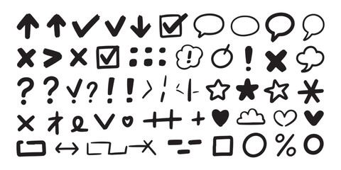 Naklejka premium Handwritten symbols and UI icons set featuring checkmarks crosses speech bubbles question marks and arrows too