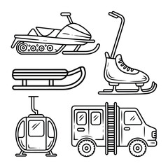 Winter Adventures: A collection of winter recreational vehicles and equipment, snowmobile, sleigh, ice skate, gondola lift and service truck, evokes the thrill of winter.  © Abu