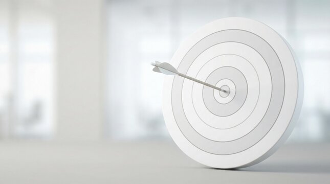 A white target with an arrow hitting the center stands on a gray surface in a bright room with blurred background.