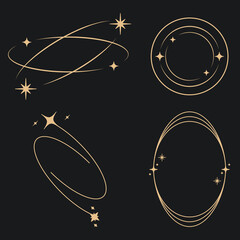 Sparkle star frame. wreath round stardust border for party, birthday decor design. laurel frame with, cosmic glitter shine. isolated black flat vector illustration. © yoojin