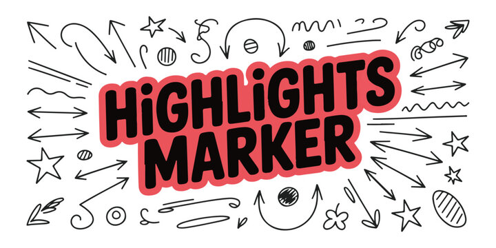 Set of black doodle arrows and stars with brush highlights marker text on white background for creative design