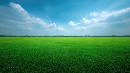Obraz premium Vast Green Field Under Blue Sky with Fluffy Clouds Perfect for Landscape Photography and Nature Themes