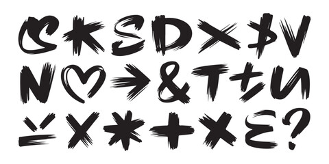 Black grunge alphabet letters and symbols hand drawn with dry brush font doodle typography elements set © Habib Stocker