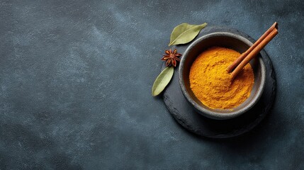 Fototapeta premium Warm Spices in Dark Bowl with Cinnamon Stick, Star Anise, Bay Leaf, and Turmeric Powder on Rustic Slate Surface for Culinary and Food Photography