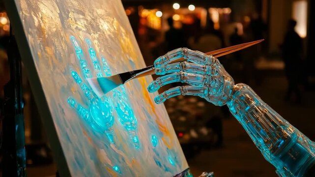 Fusion of AI and human creativity with a glowing mechanical hand painting on a canvas in an artistic studio at night