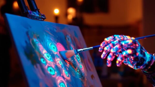Fusion of AI and human creativity with a glowing mechanical hand painting on a canvas in an artistic studio at night