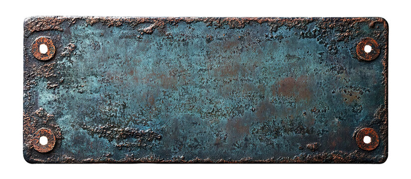 Old rusted metal nameplate with oxidized texture and screw holes, isolated on transparent cutout