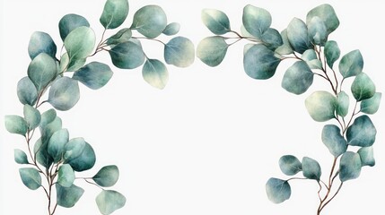 Obraz premium Eucalyptus wreath, green leaves, white background, wedding invitation design