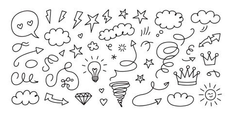 Large collection of hand drawn doodle sketches including speech bubbles stars clouds arrows and icons elements © Md