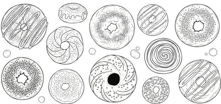 A collection of various illustrated bagels and pastries in a whimsical style