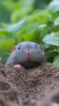 A mouse is peeking out of a burrow filled with dirt and plants in the background.